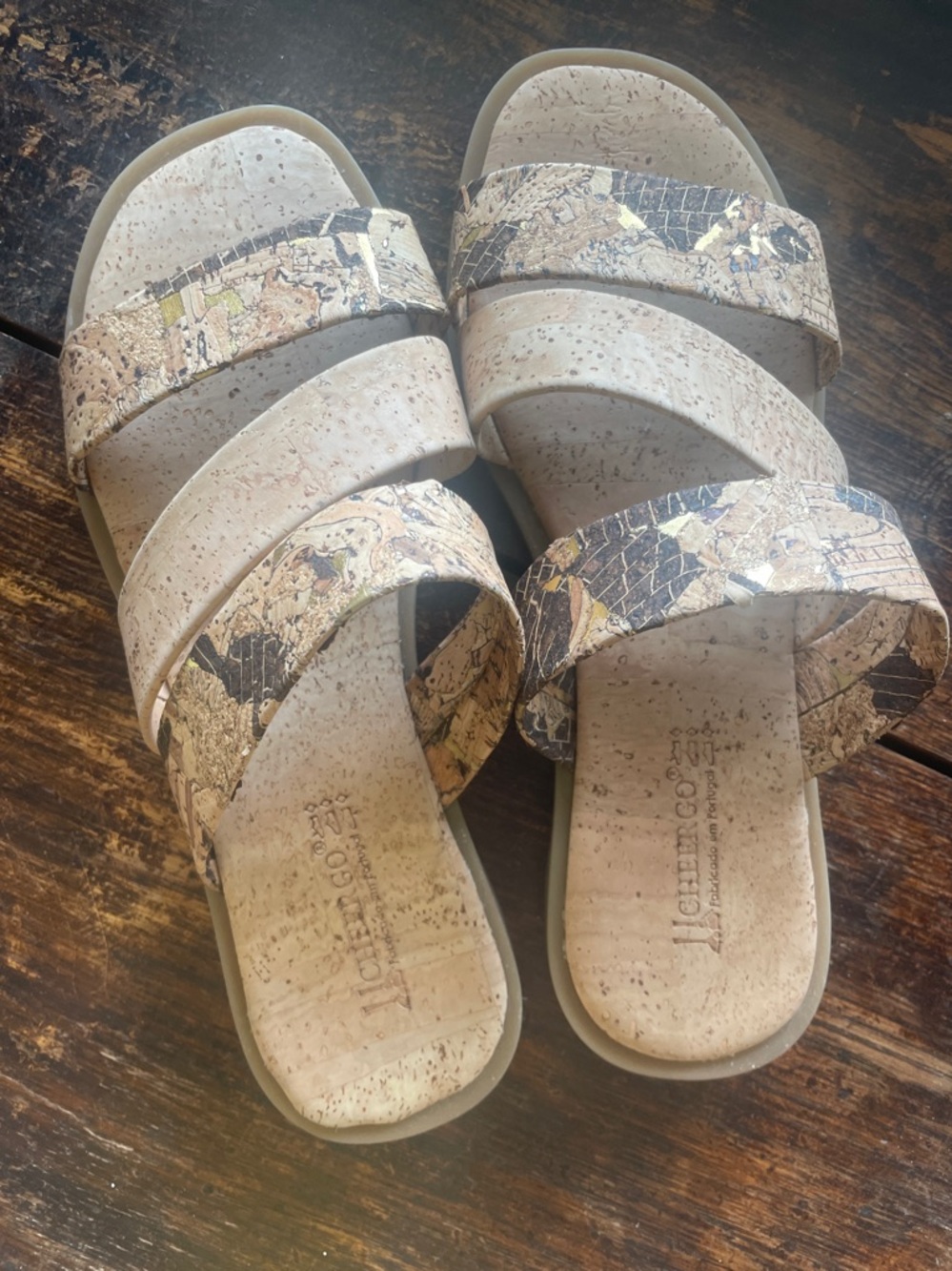 Cork-Style Triple-Strap Slide Sandals in Beige for Women